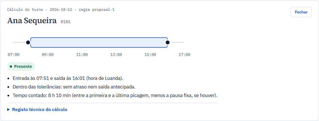 Painel de cálculo de um turno no MARCAR: linha do dia, estado Presente e frases a explicar o resultado.